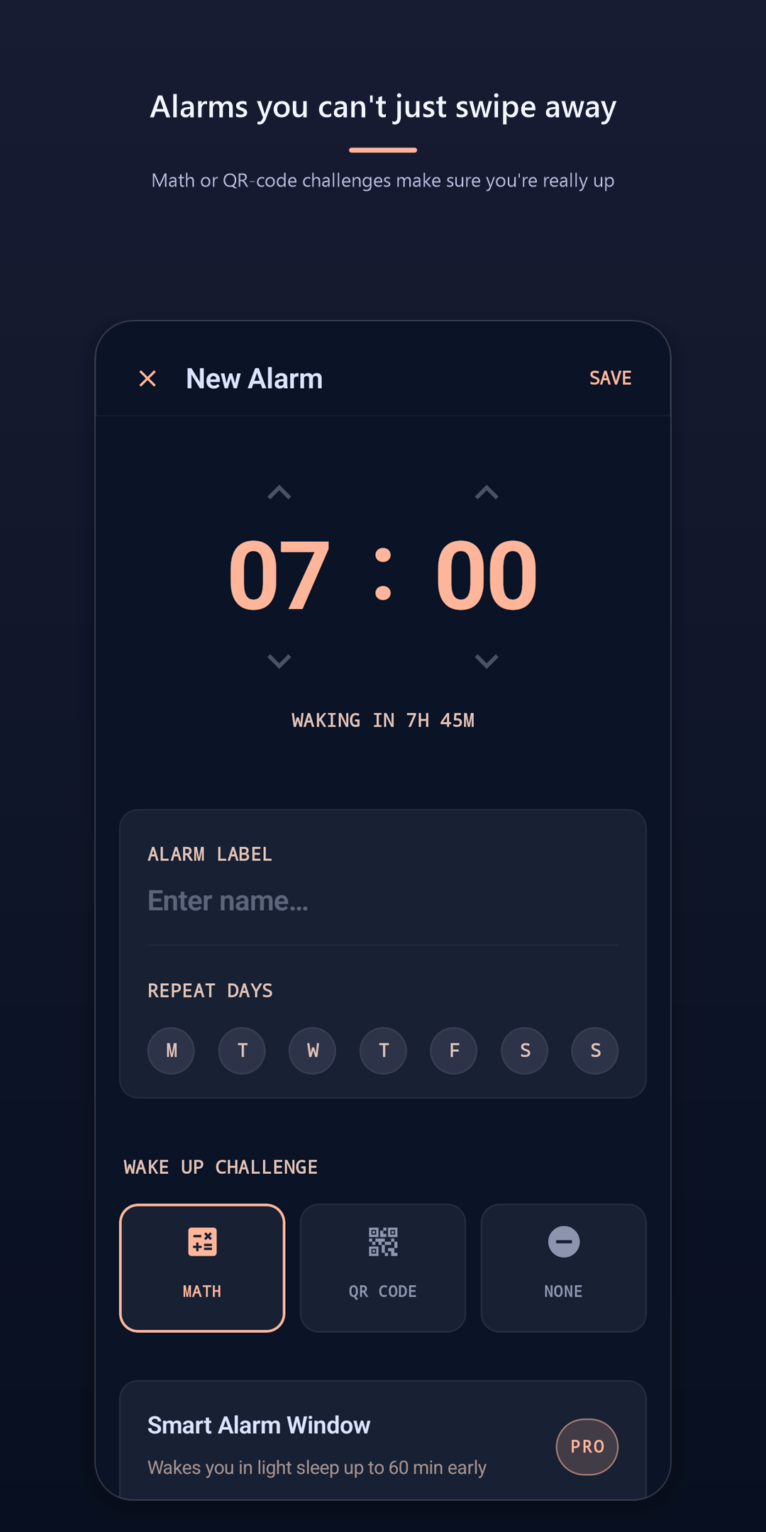 Wake Up Right Free — new alarm setup with time picker, repeat days, and wake-up challenge