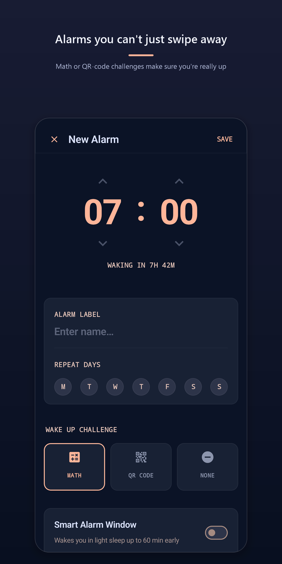 Wake Up Right Pro — new alarm setup with time picker, repeat days, and wake-up challenge