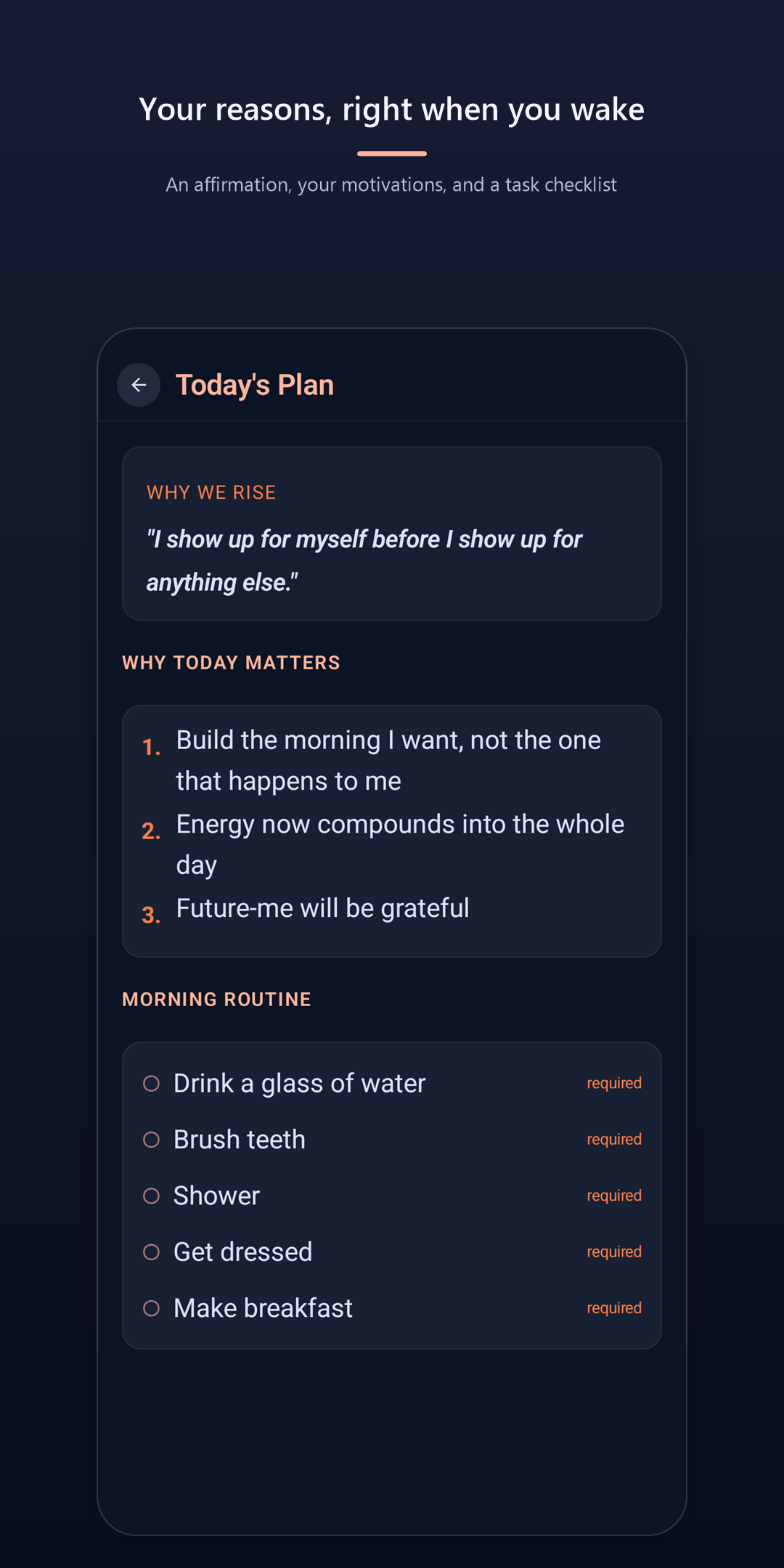 Wake Up Right Pro — today's plan with affirmation, reasons to rise, and morning routine