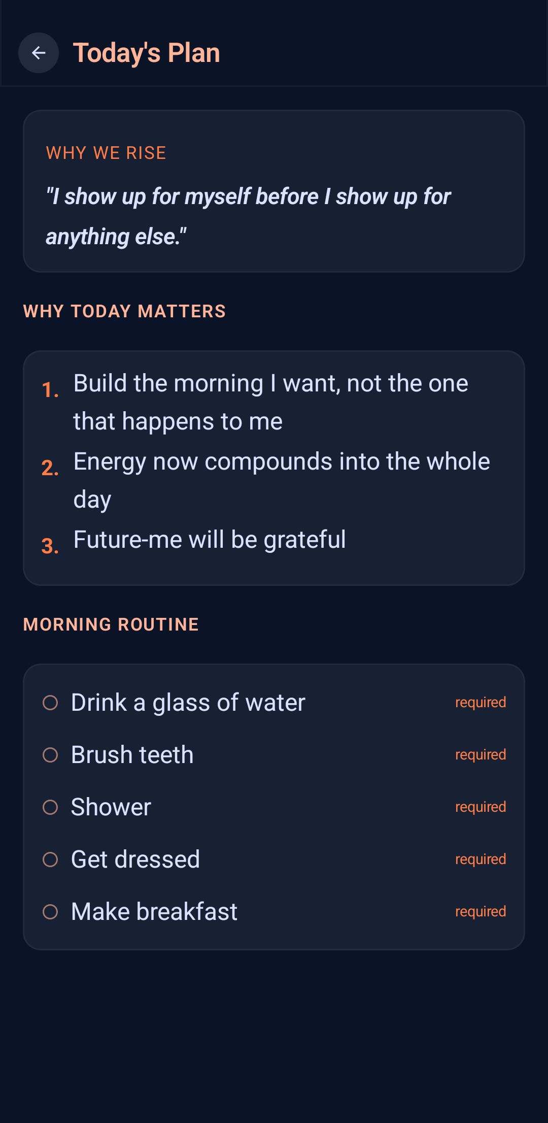 Wake Up Right Today's Plan — morning affirmation, reasons to rise, and a morning routine checklist
